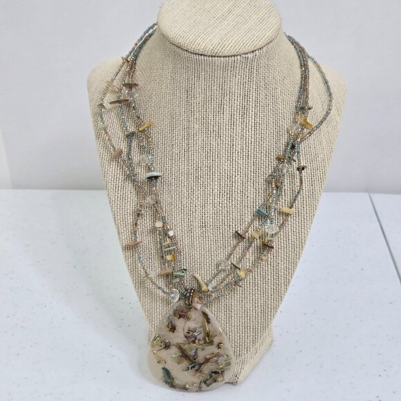 Birch Hill Necklace Set Clip On Earrings Shell Beach Abalone Beaded Multi Strand - Picture 3 of 10